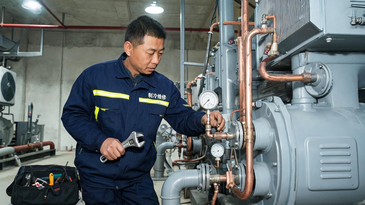 维修师傅检修制冷压缩机组
