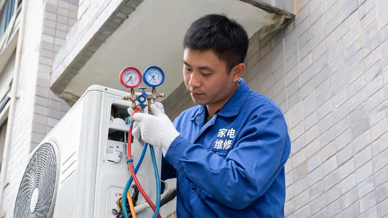 技术人员用压力表和检漏仪检查制冷系统
