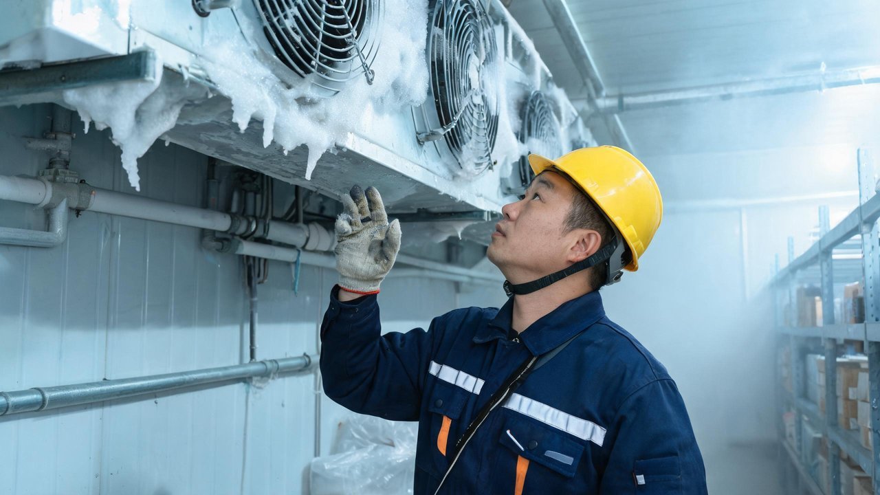 维修人员检查冷风机化霜