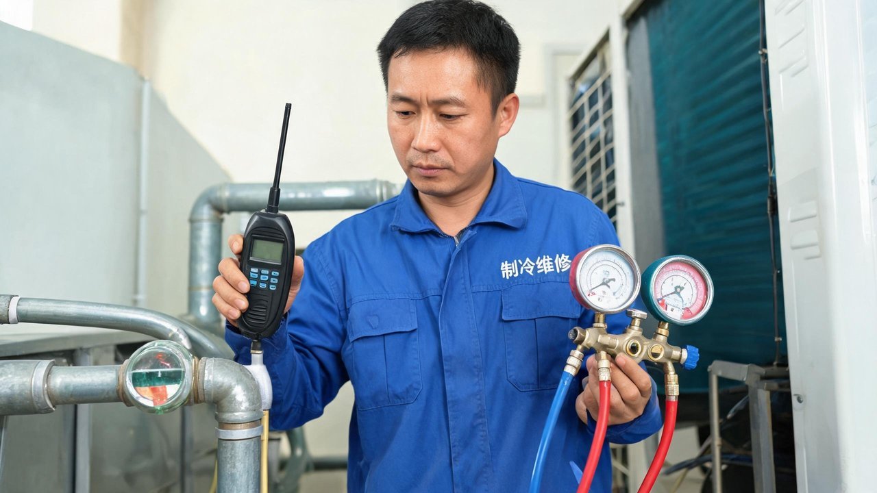 维修人员通过视液镜与压力表检查制冷系统