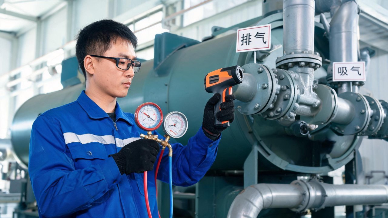 维修工程师用压力表与红外测温仪检测制冷机组参数