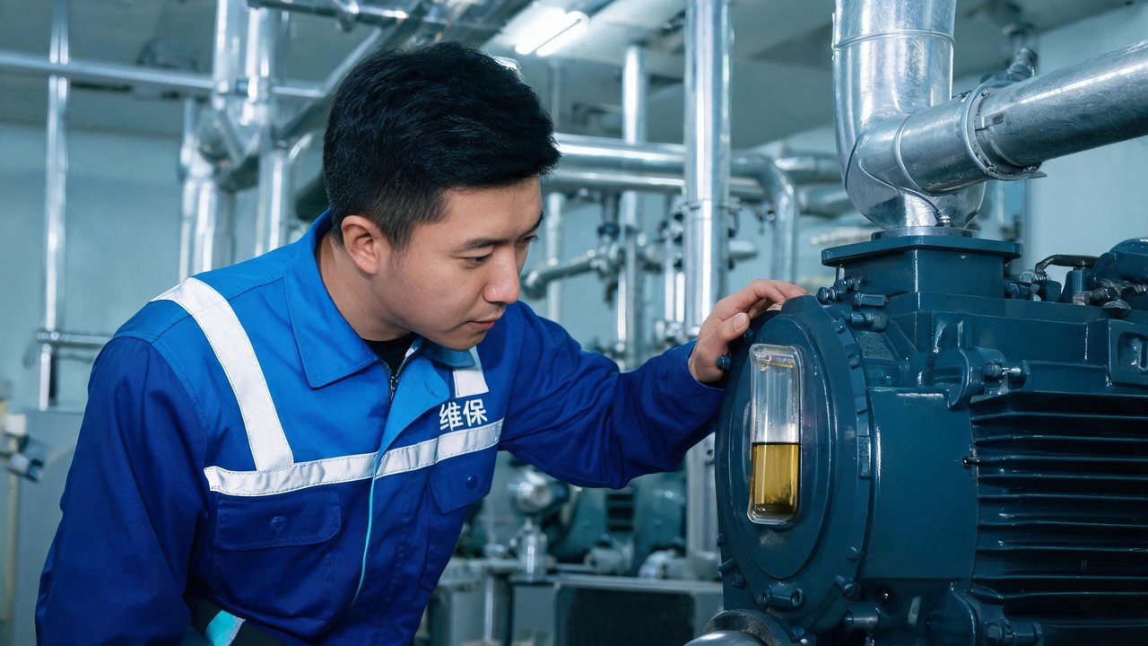 维保工程师检查压缩机油位