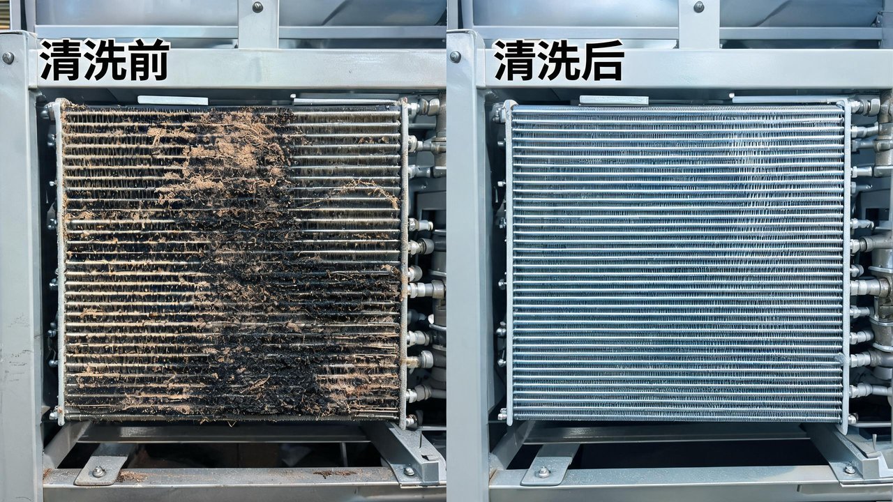 冷凝器翅片清洗前后的对比