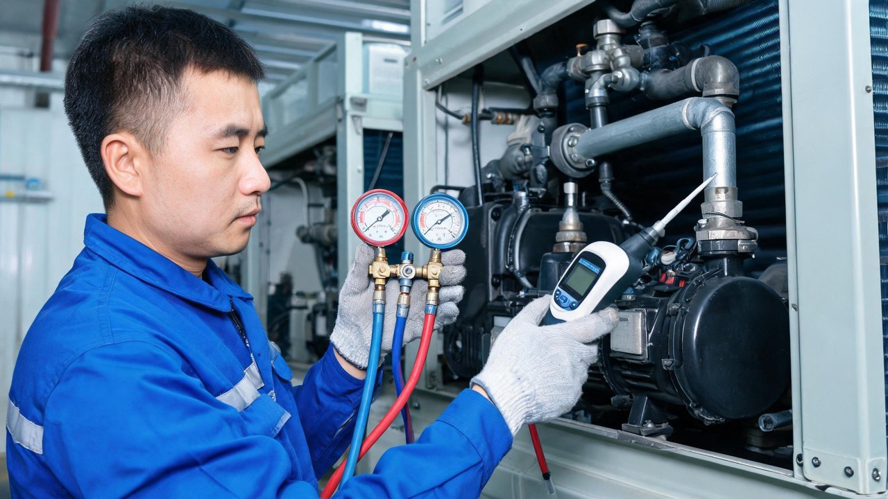 师傅用仪表检测制冷机组