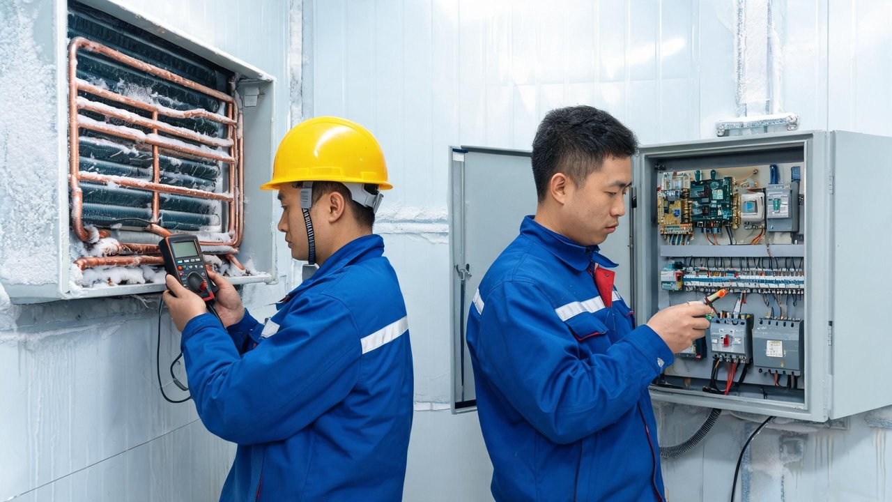 维修人员检修冷库蒸发器与电控柜