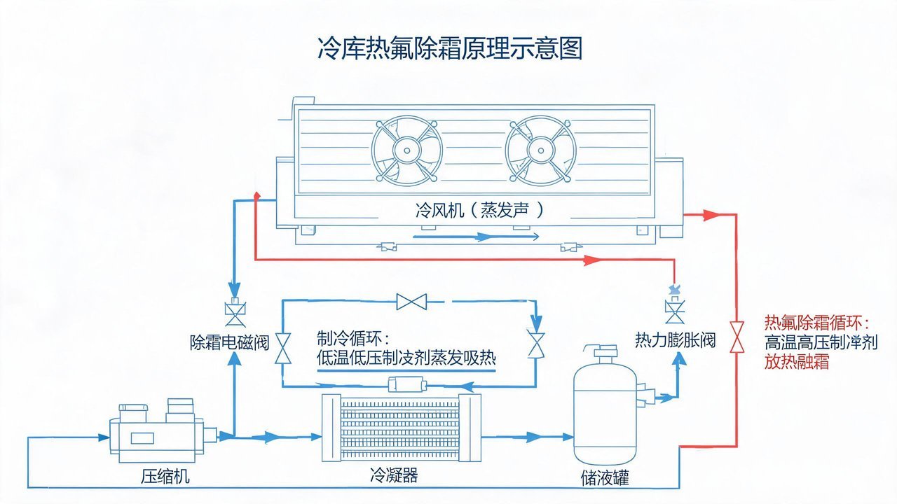 冷库热氟除霜原理示意