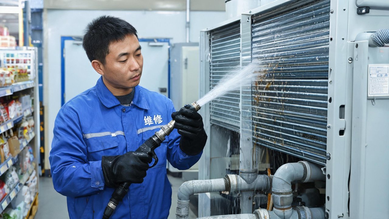 维修人员清洗冷凝器
