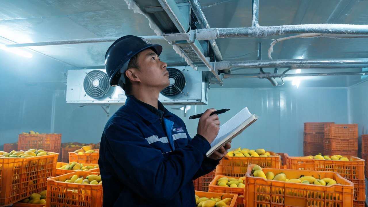 维修人员在芒果库内检查融霜管路