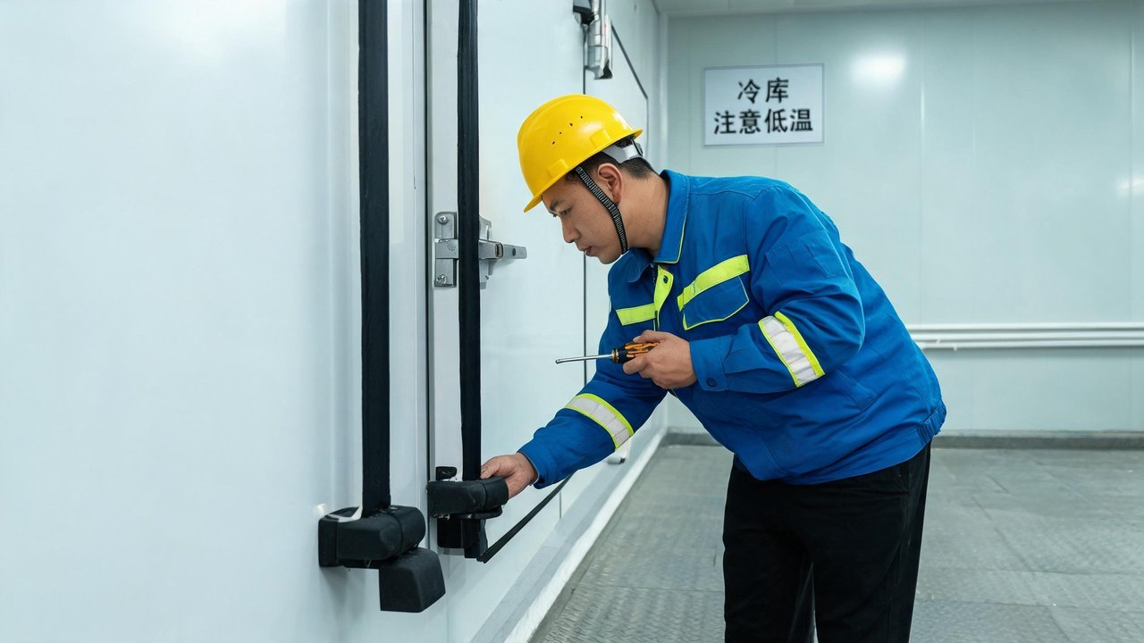 维修人员检查冷库门密封条