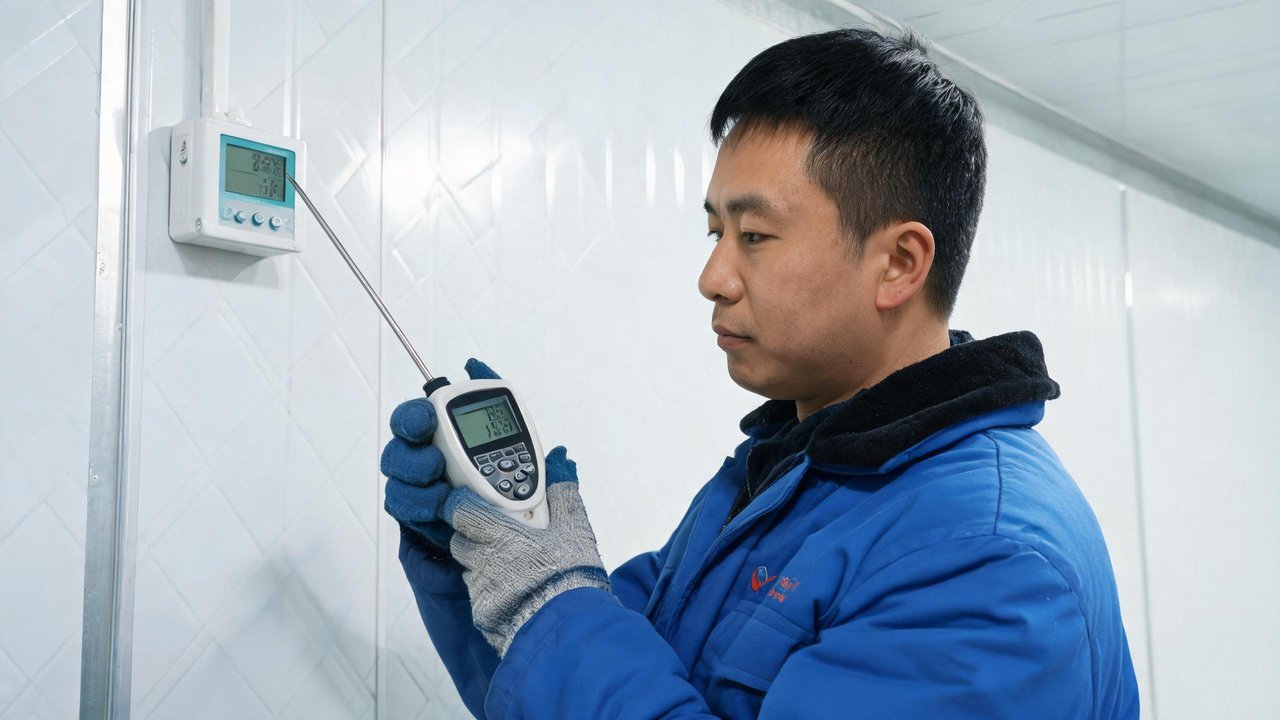 维修人员手持标准温度计比对库内传感器