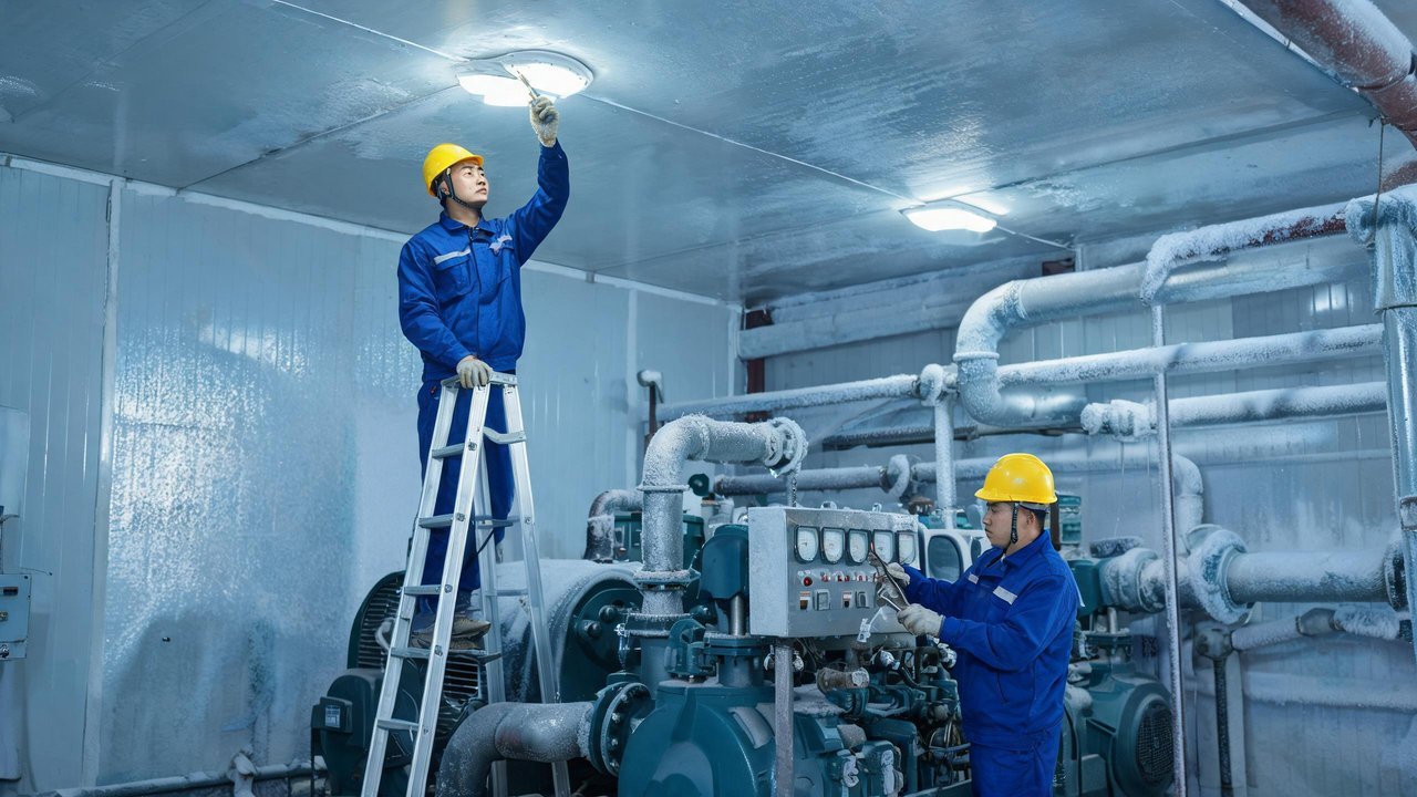 维修人员检修冷库照明