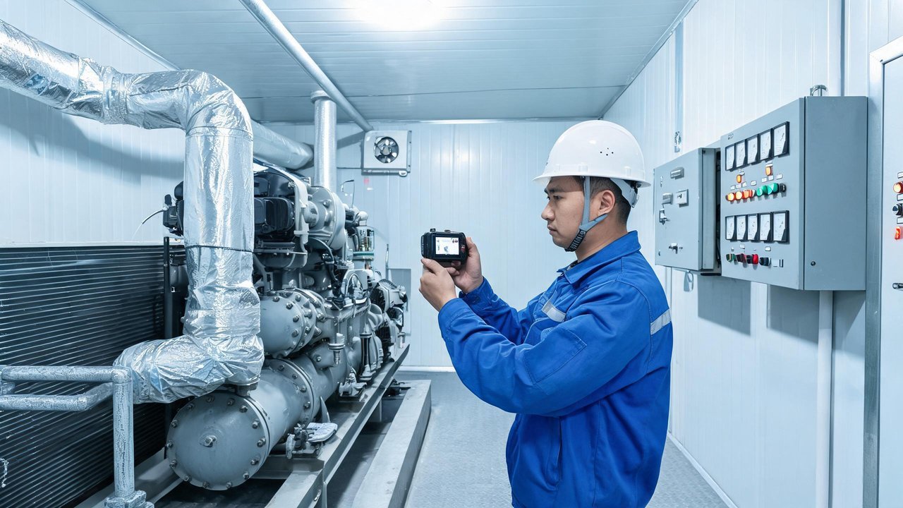 冷库竣工验收现场，工程师核对制冷机组参数