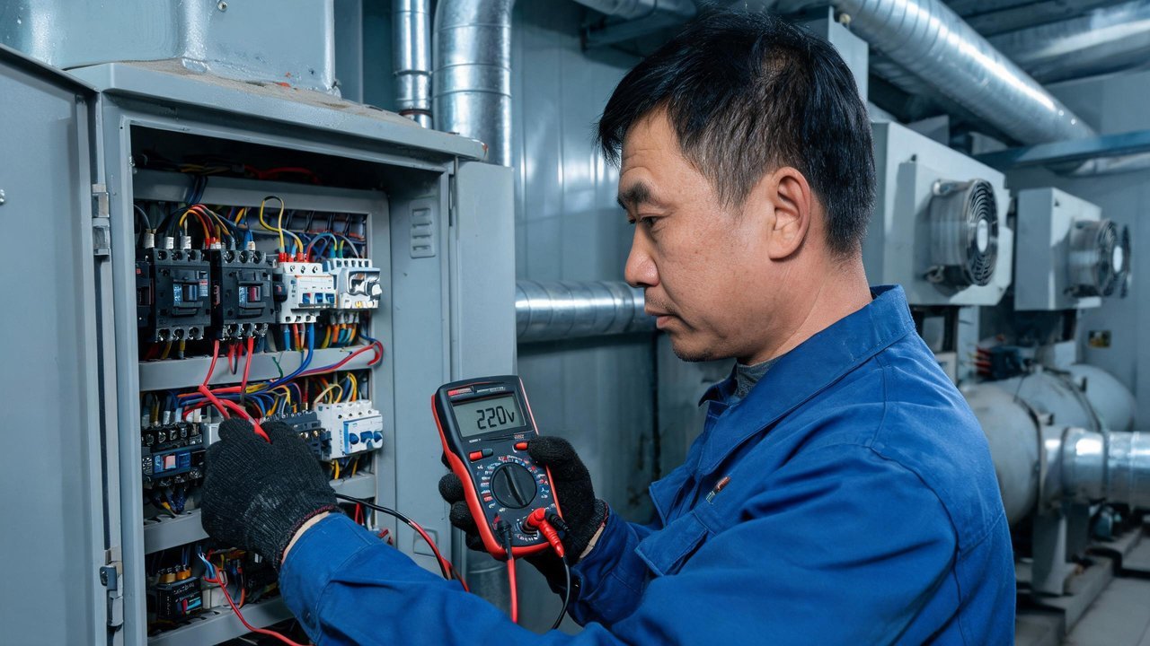 维修师傅用万用表检测冷库电控箱