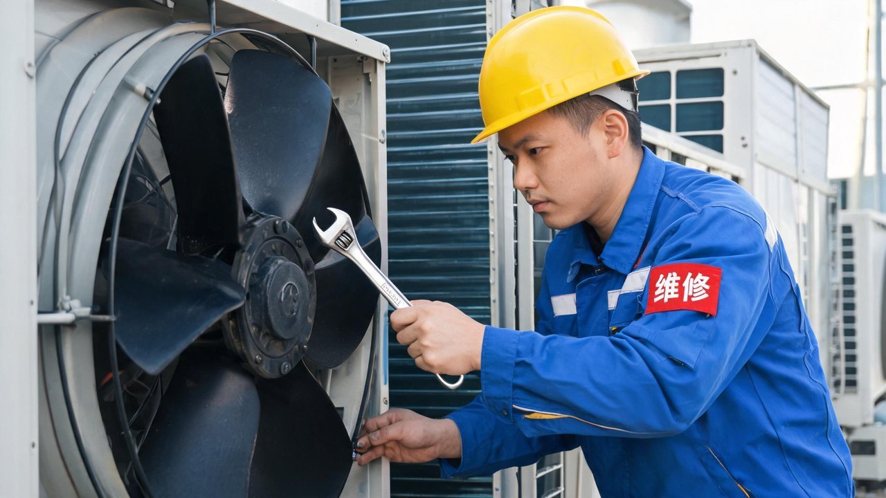 中国维修人员检修冷凝器风机