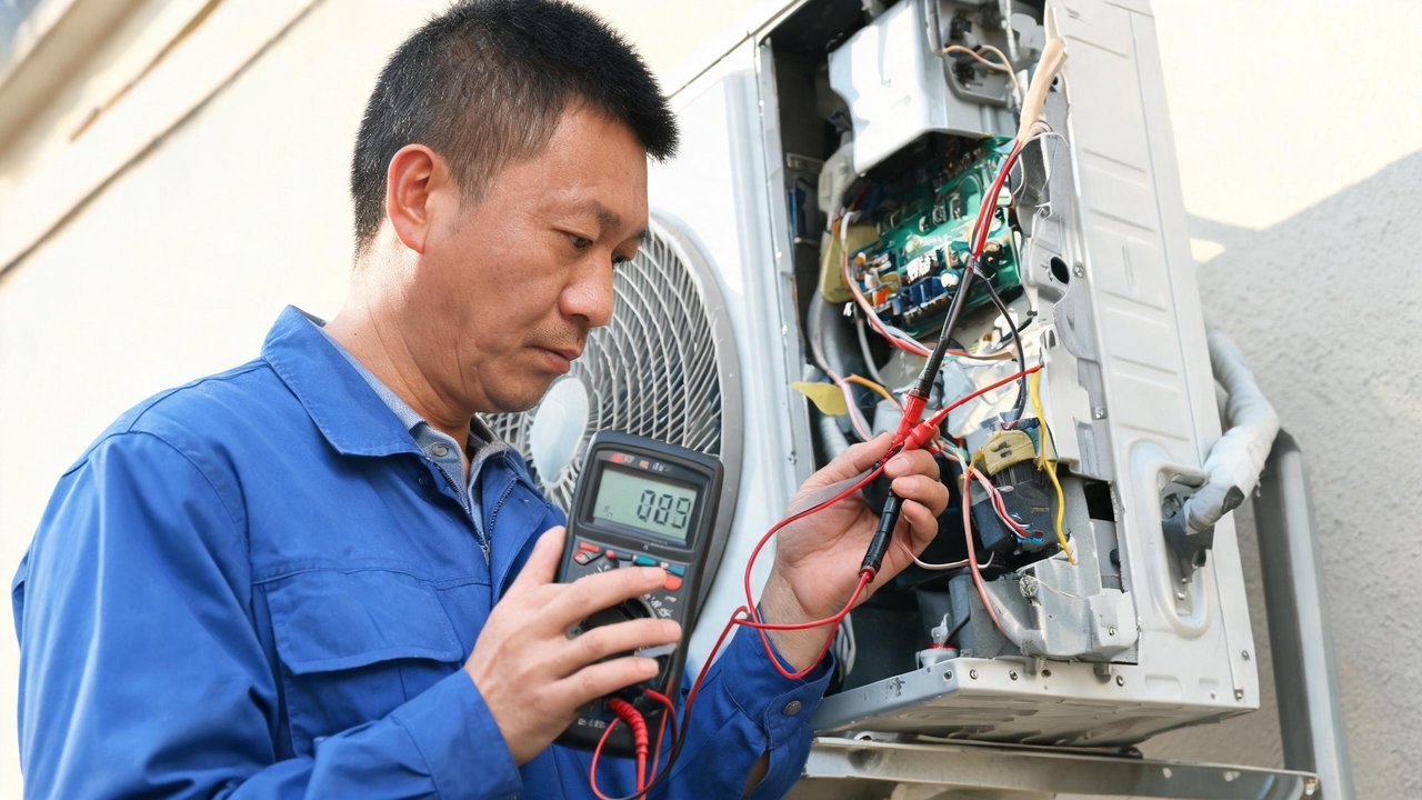 中国维修人员检修制冷设备与传感器线路