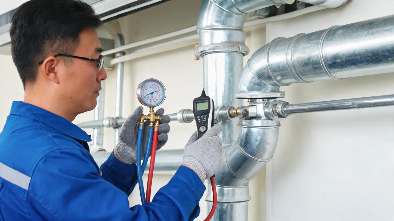 师傅用压力表检漏仪检修制冷管道