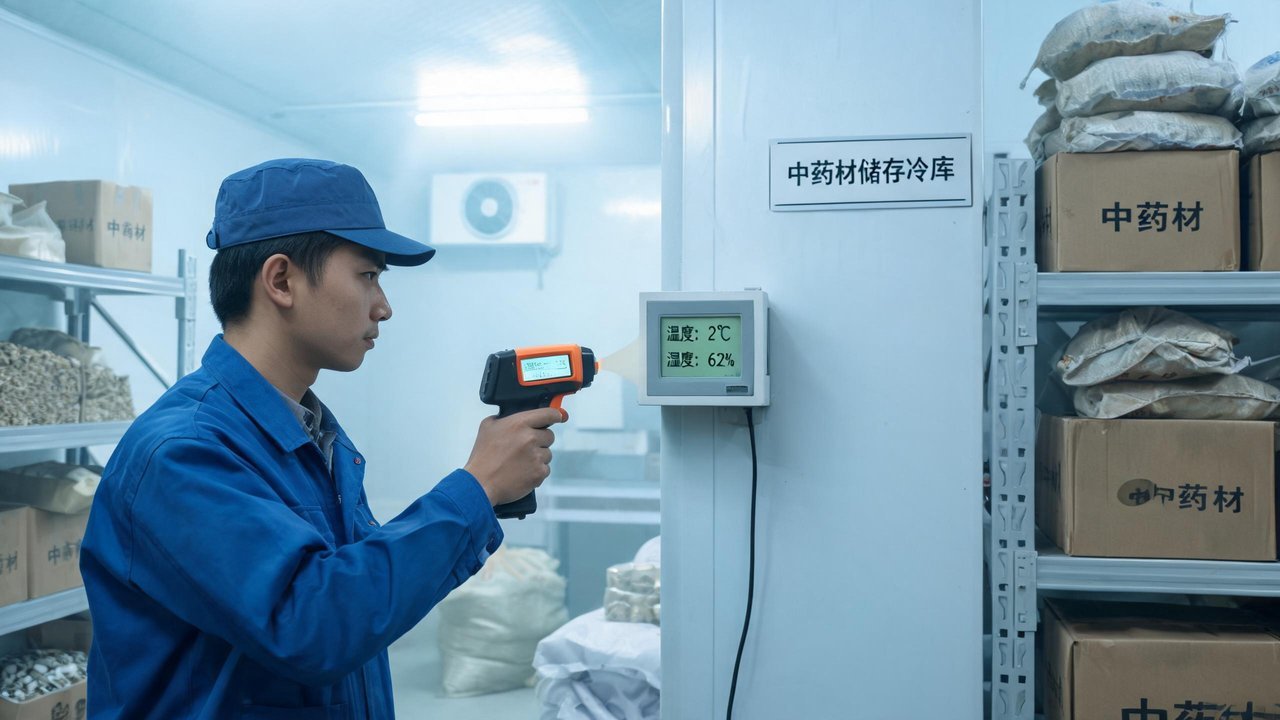 中国维修人员在中药材冷库检查温湿度记录仪