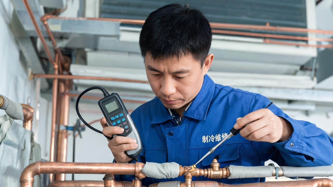 中国制冷工程师用检漏仪检测冷媒管路