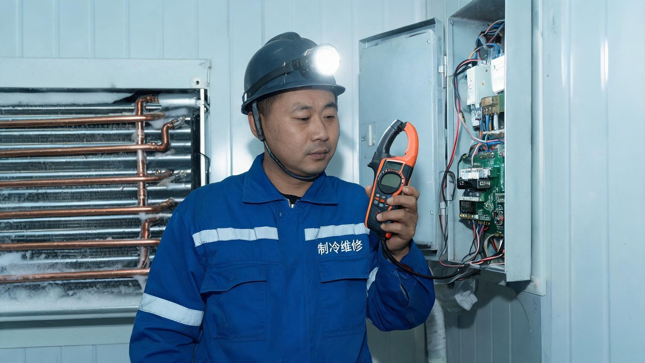 维修师傅检修冷库蒸发器与控制箱