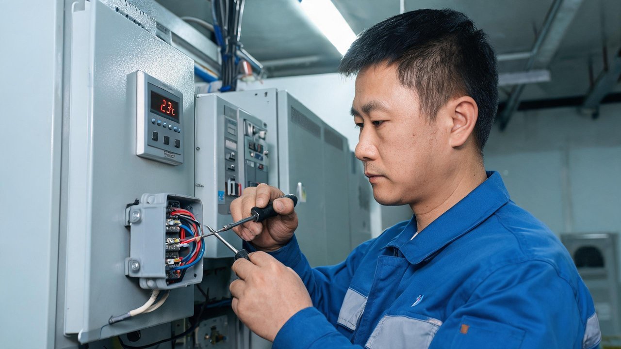维修人员在配电间重新压接探头接线盒端子
