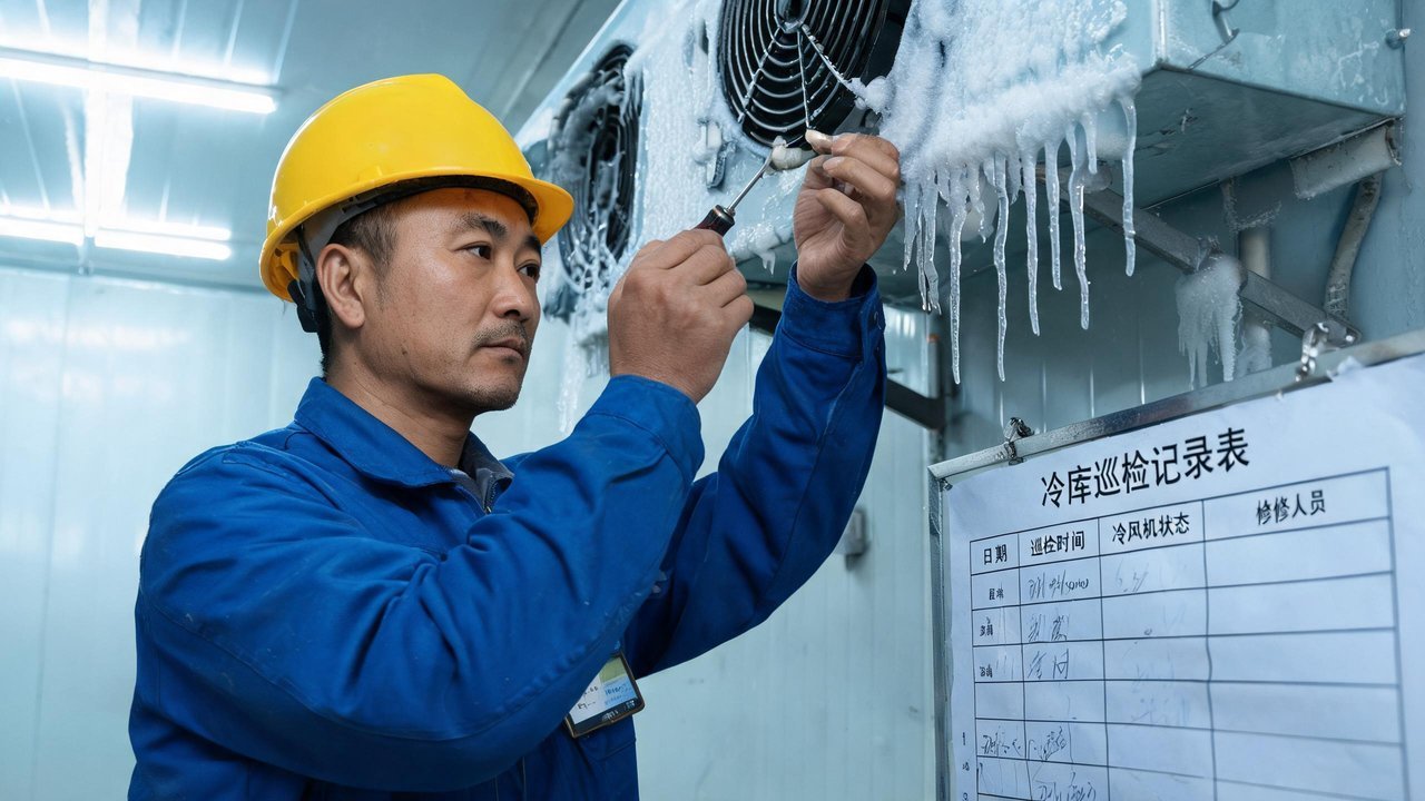 维修人员检查结霜的冷库风机与报封