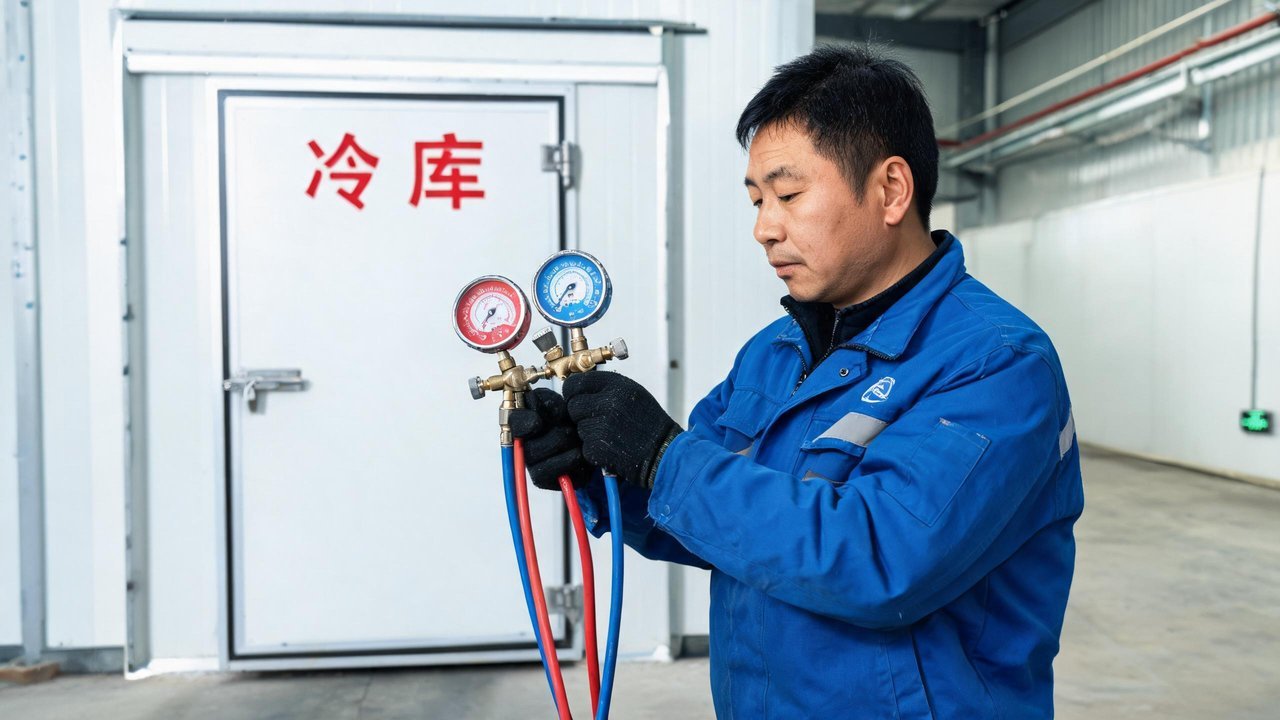维保师傅用压力表组检测制冷系统