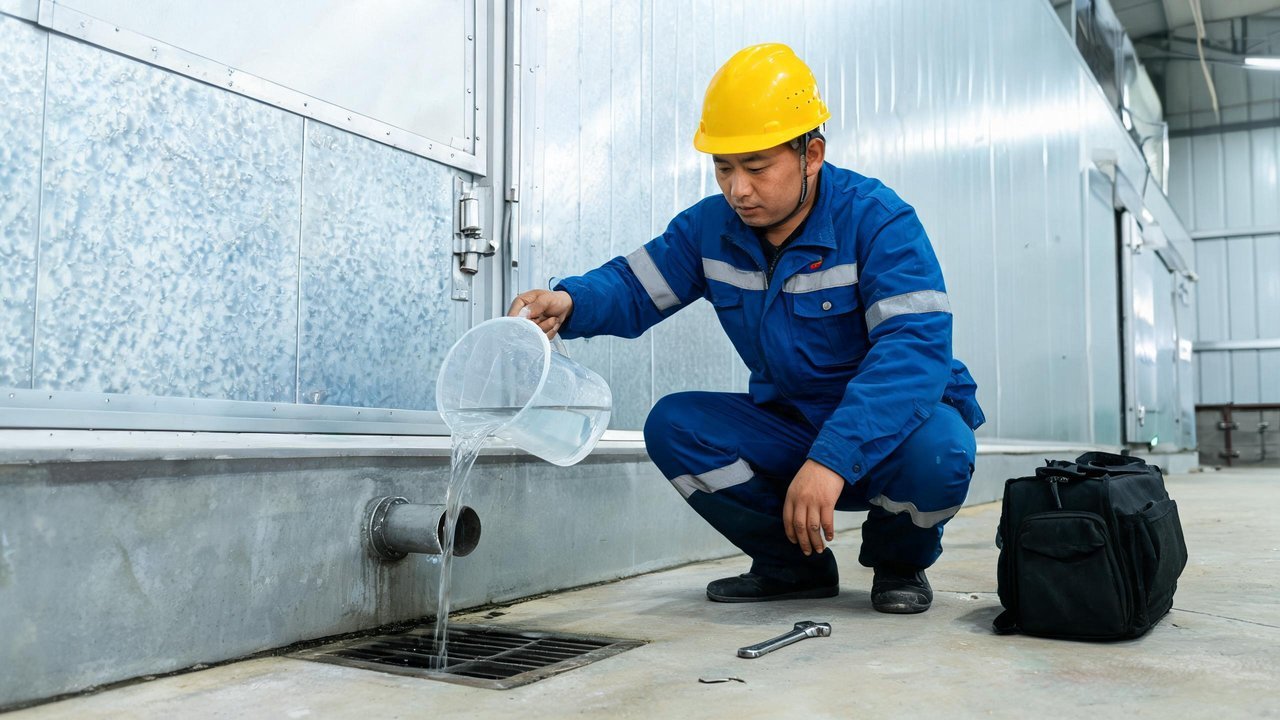 中国维修人员向冷库排水管做倒水试验