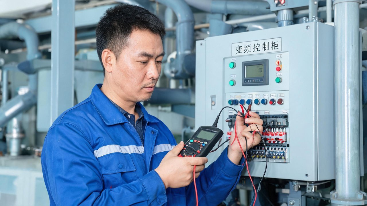 维修技师用万用表检测变频控制柜