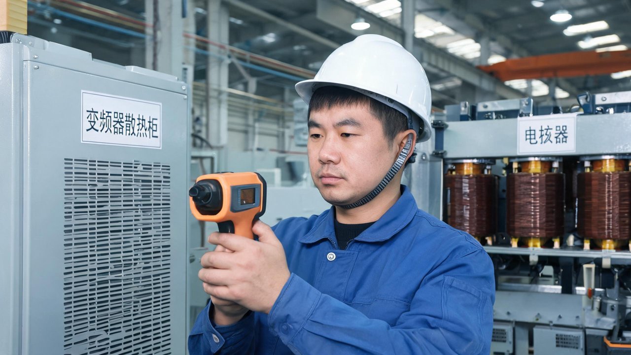 工程师用红外测温仪检查散热柜