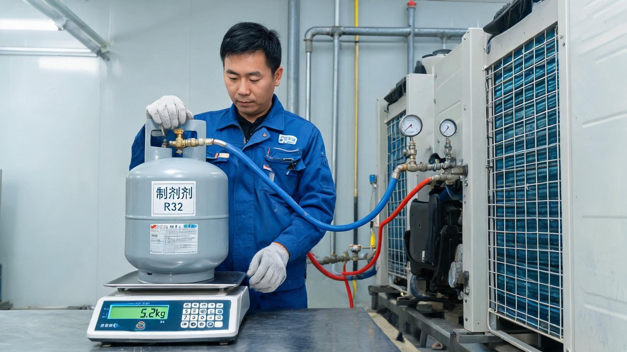 技师用电子秤定量充注制冷剂