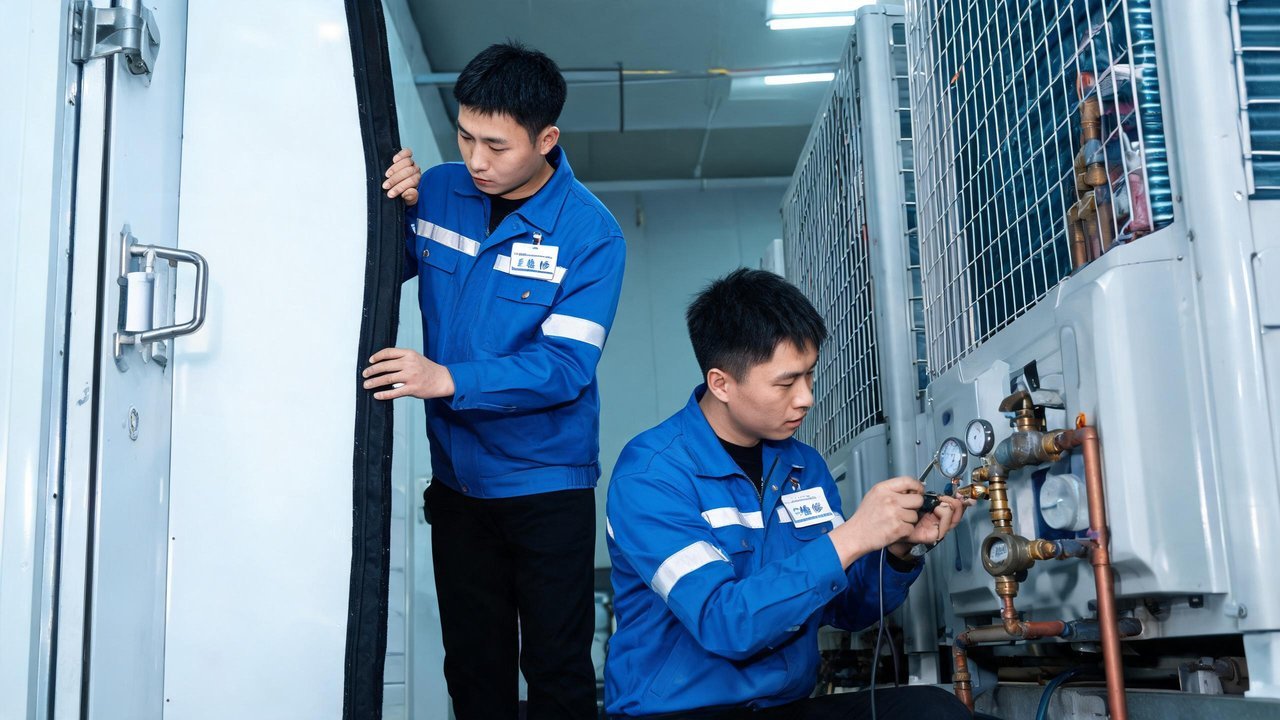 维修人员检修冷库门封与制冷设备