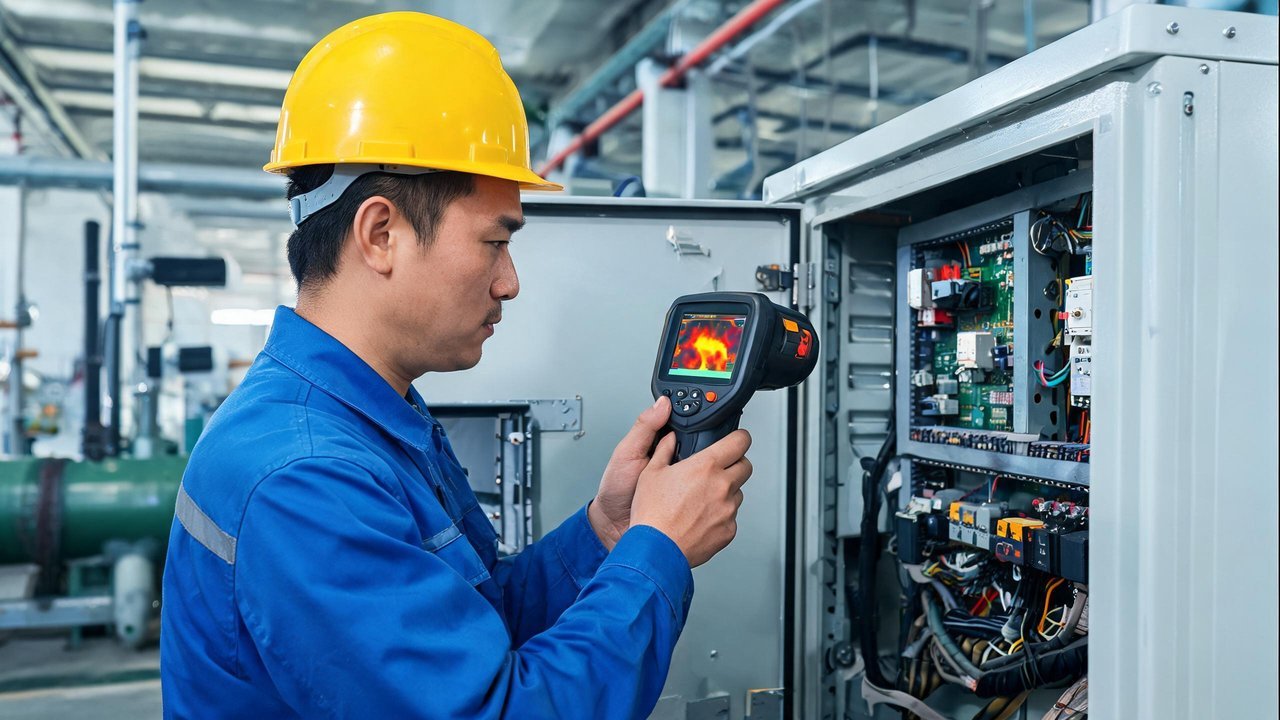 维修技师用红外热像仪检查制冷机组电控柜