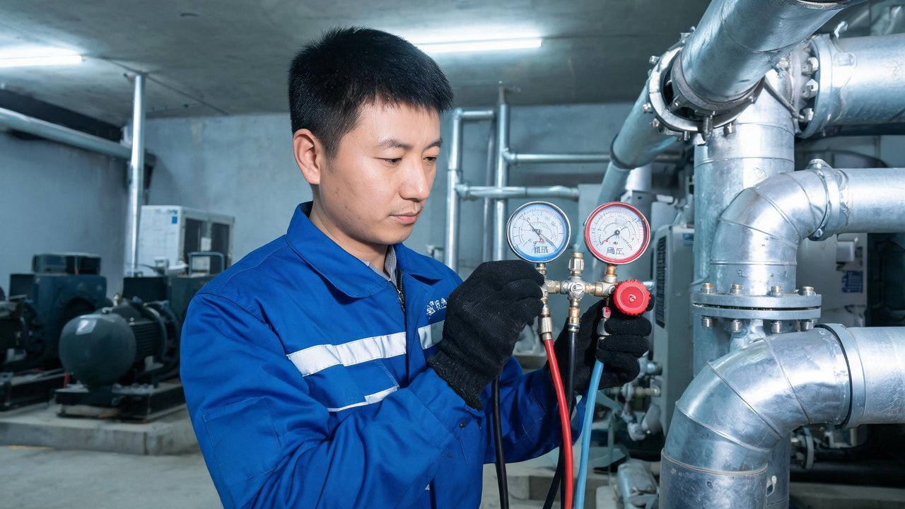 维修技师用压力表组检查制冷系统低压