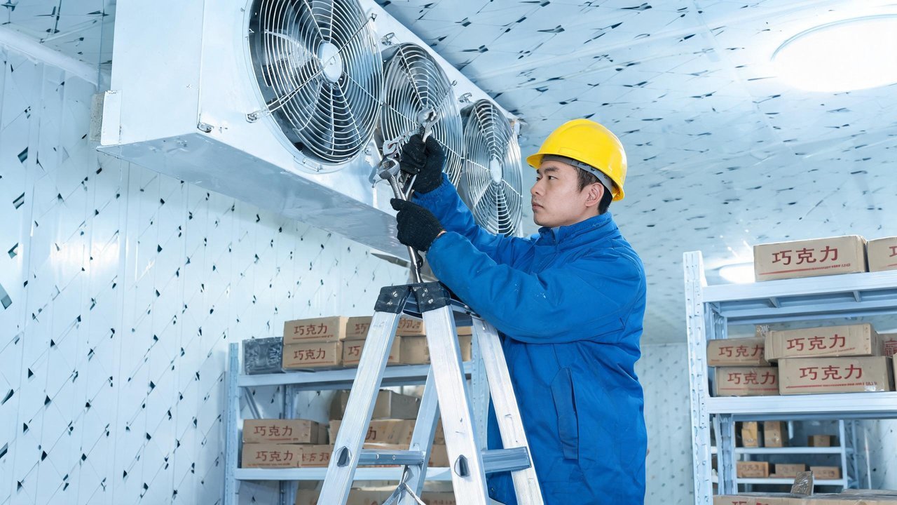 维修技术人员在巧克力恒温冷库内检修空气冷却器