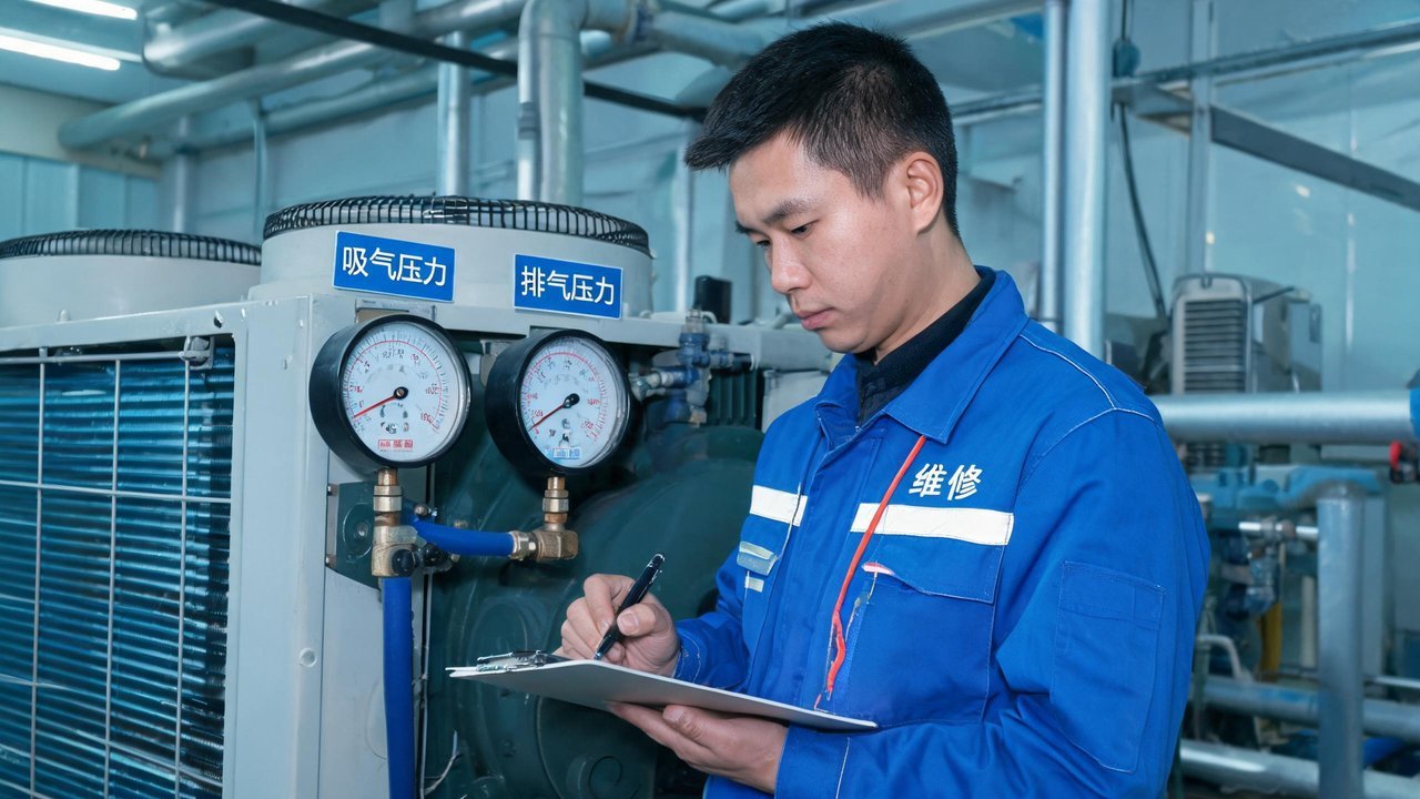 维修人员检修制冷机组核对压力参数