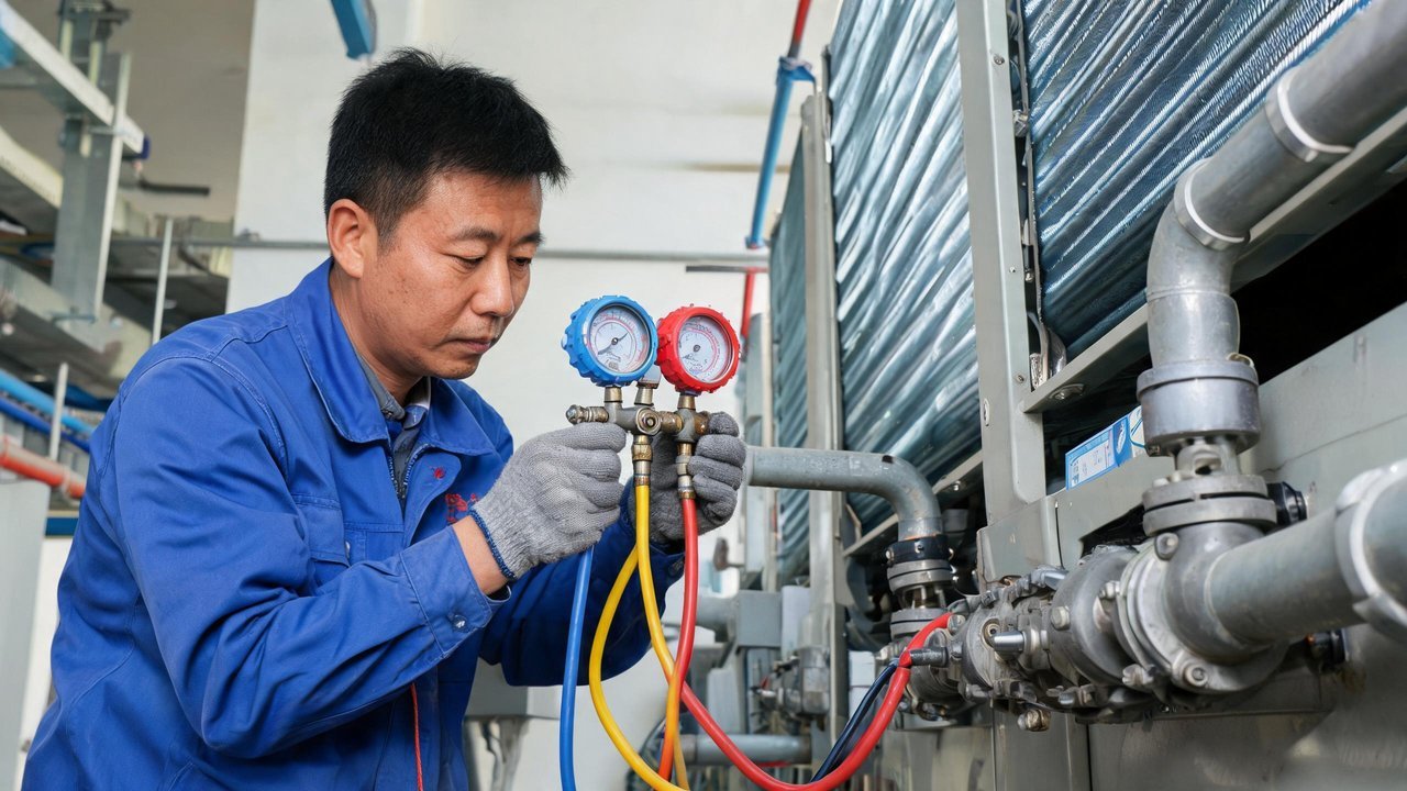 维修师傅用歧管压力表与钳形表检测制冷系统