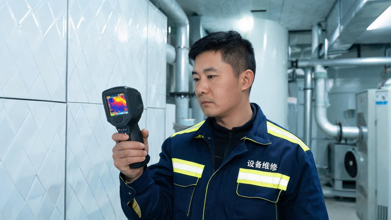 维修人员用红外热像仪检测库板