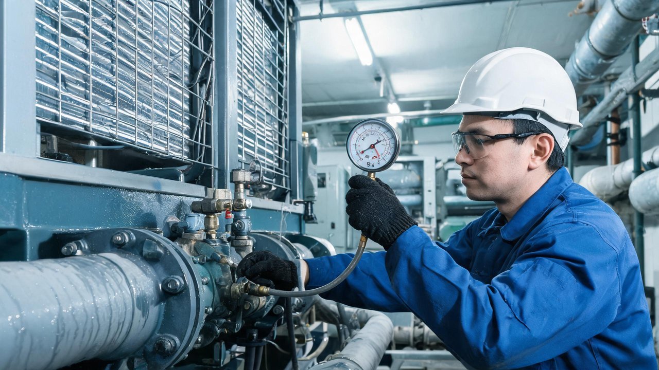 维修技师手持压力表检查制冷机组