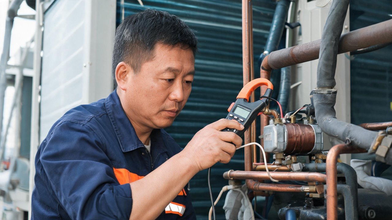 维修师傅用钳形电流表检测电磁阀线圈