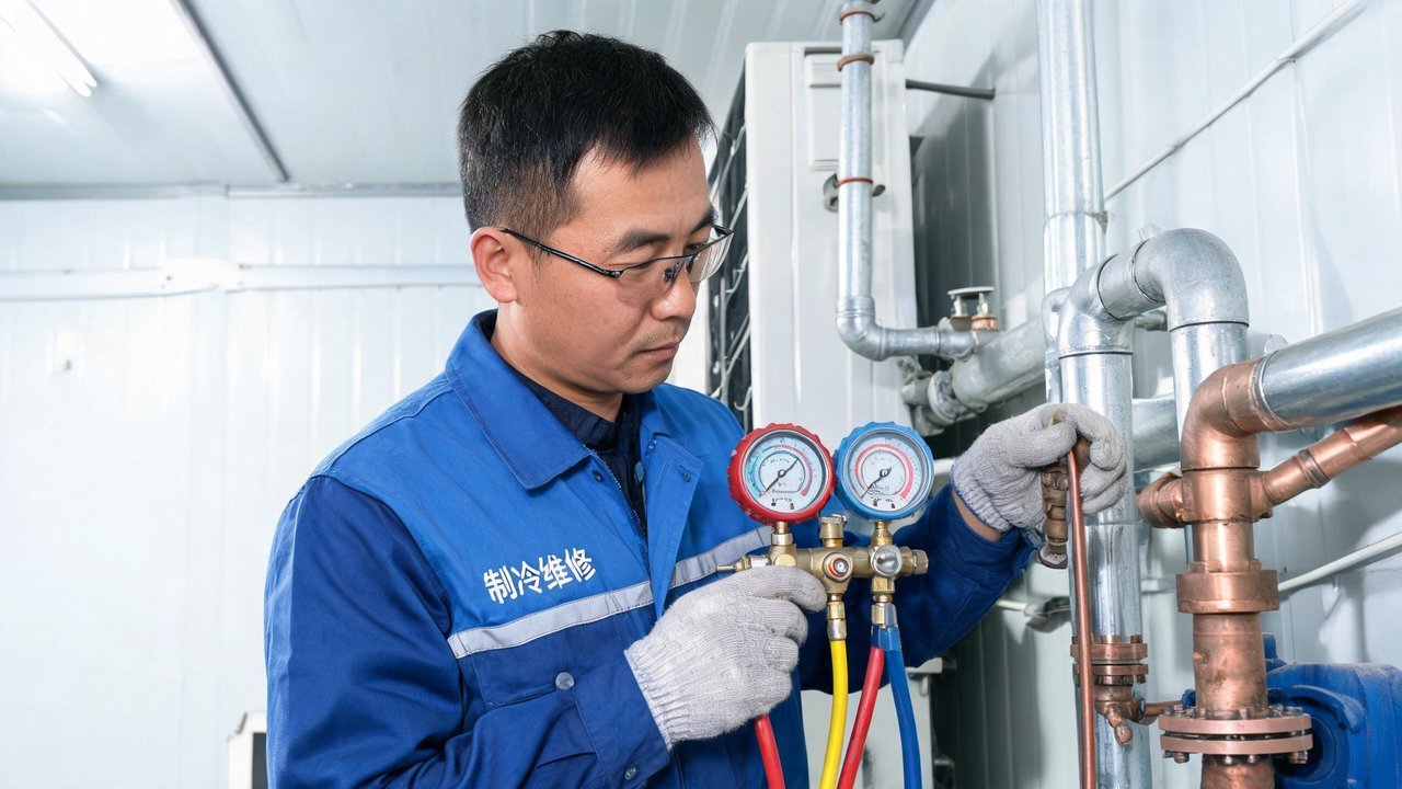 维修人员用压力表组检测制冷系统