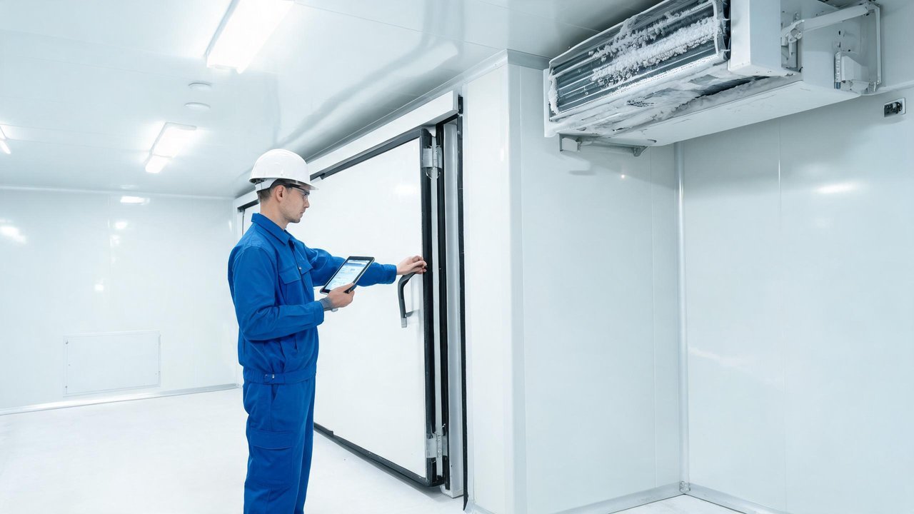 工程师检查冷库门封与蒸发器结霜