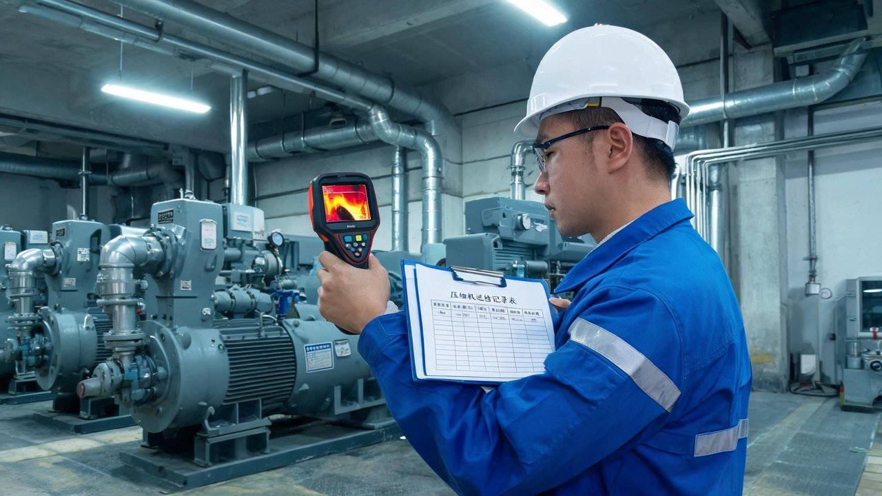 工程师用红外热像仪巡检压缩机房