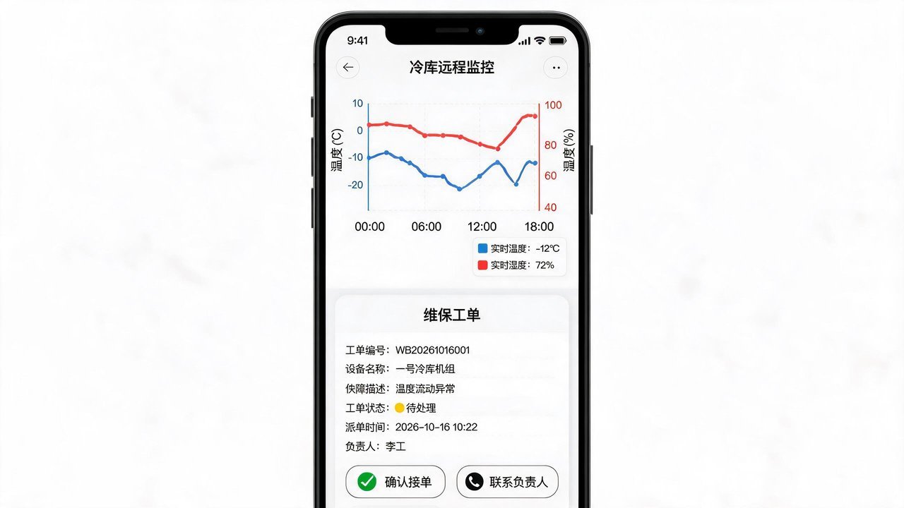手机上的冷库监控与维保工单界面