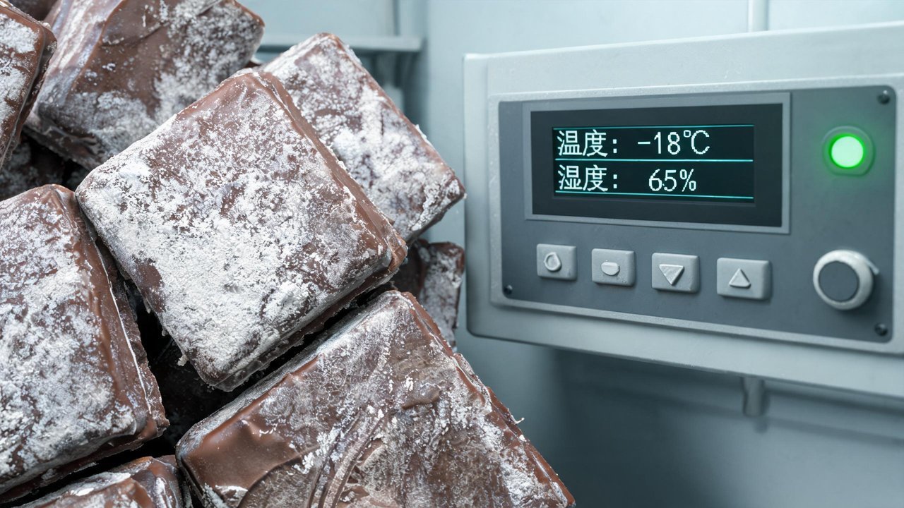 起霜泛白的巧克力特写与冷库温湿度控制面板