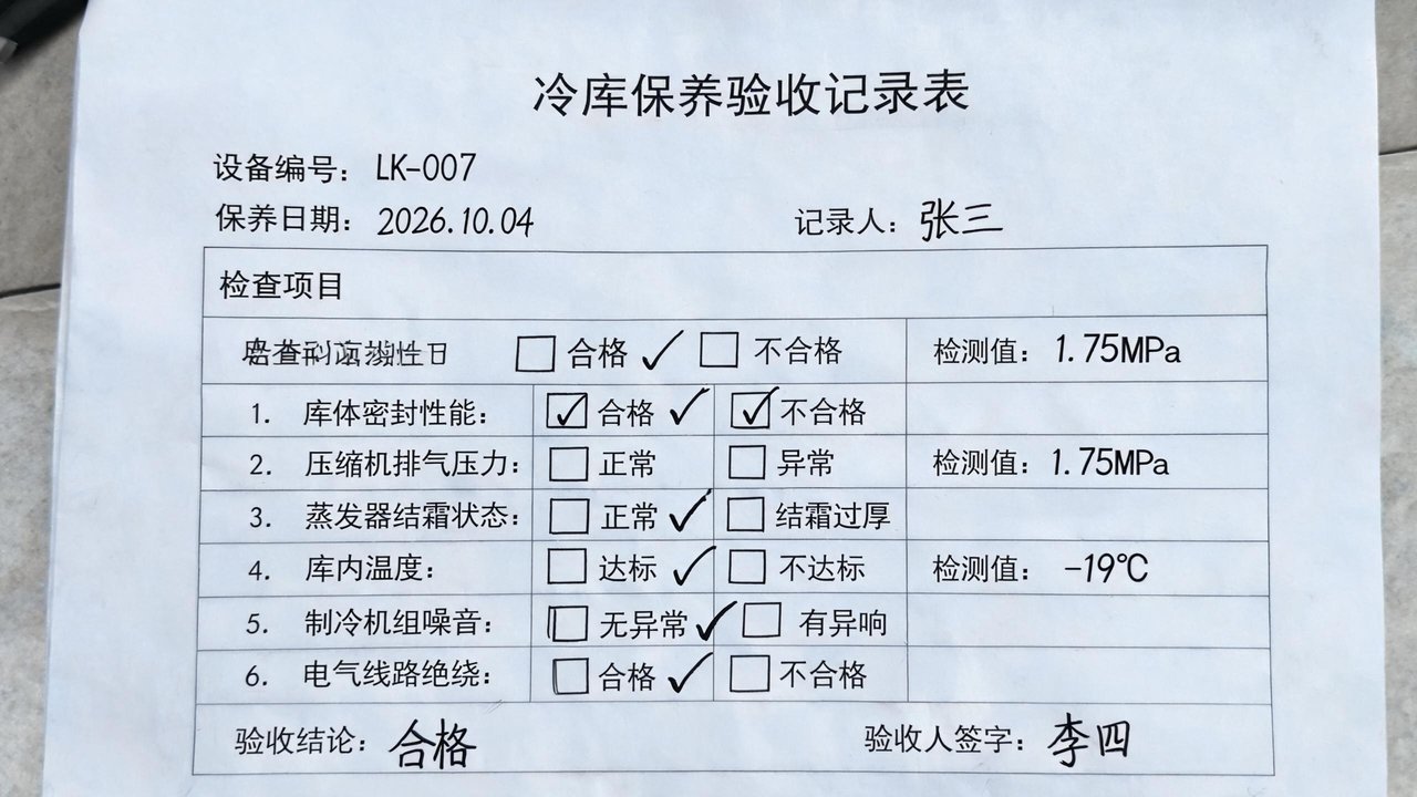 冷库保养售后验收记录表与检测数据