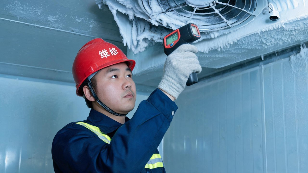 维修人员检查冷风机结霜