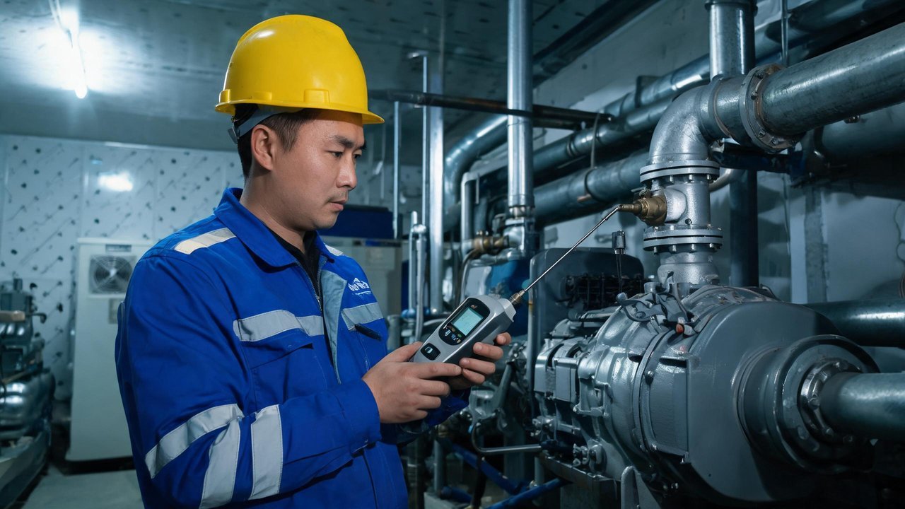 维修技师检查压缩机管路接头