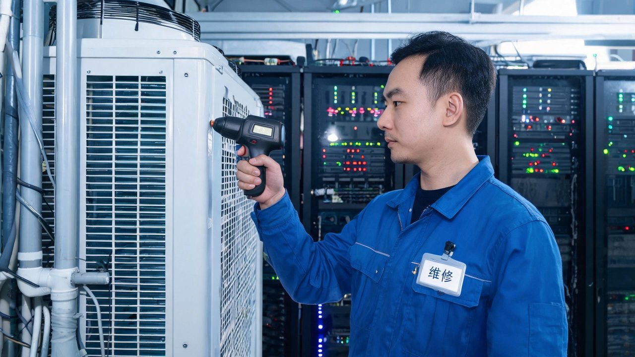 维修人员用红外测温枪检查制冷设备