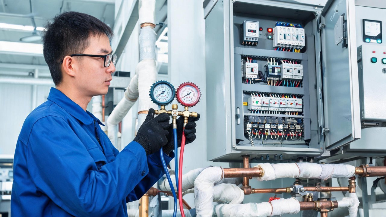 技术员检查制冷机组压力参数