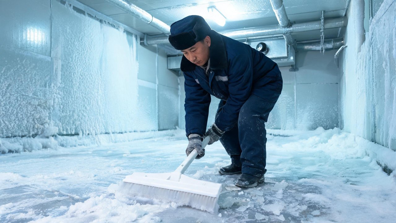 维修人员清理冷库地面冰层